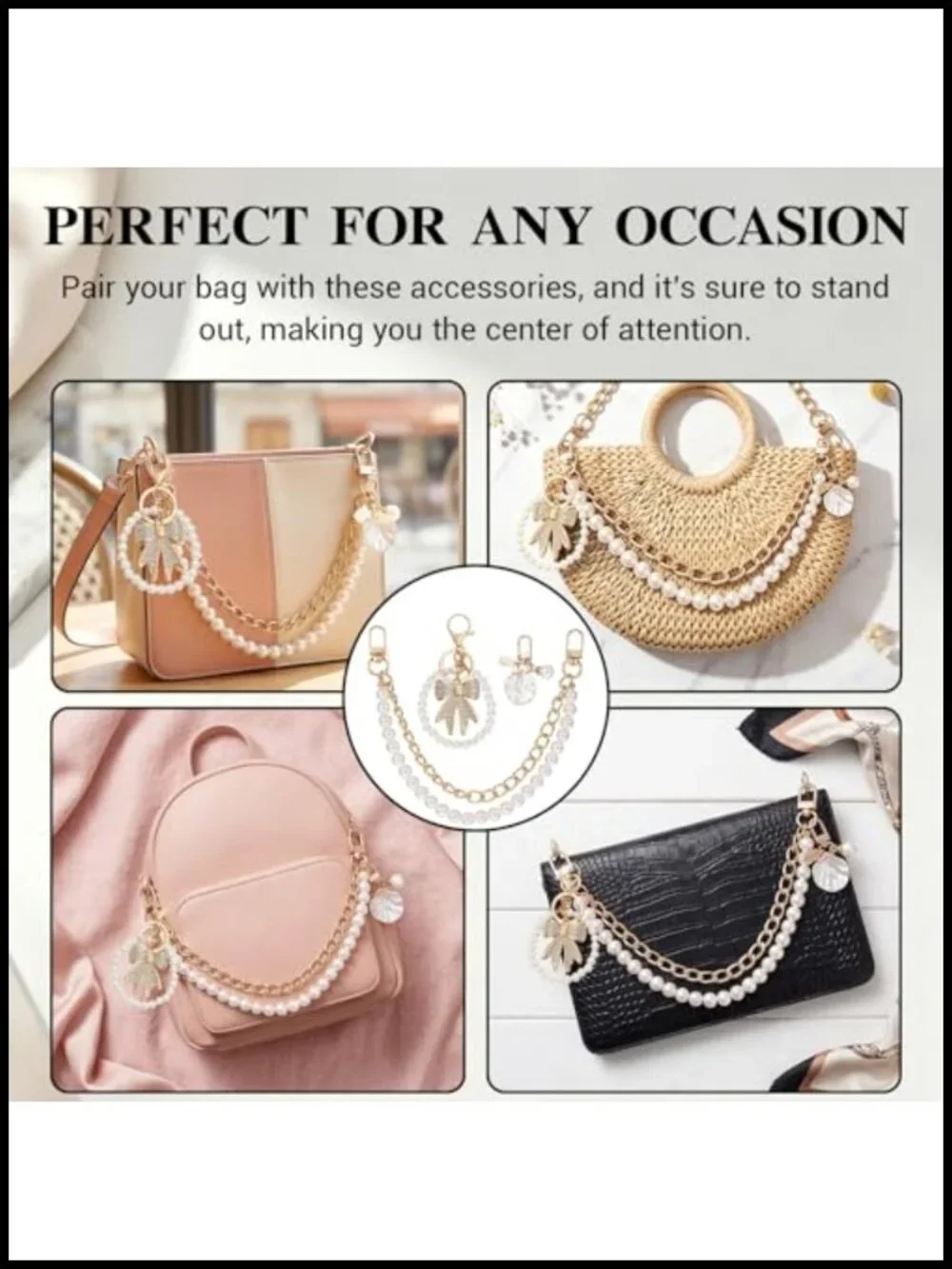 Pearl Purse Chain Set with Rhinestone Bow & Shell Pearl Keychain - 3pc
